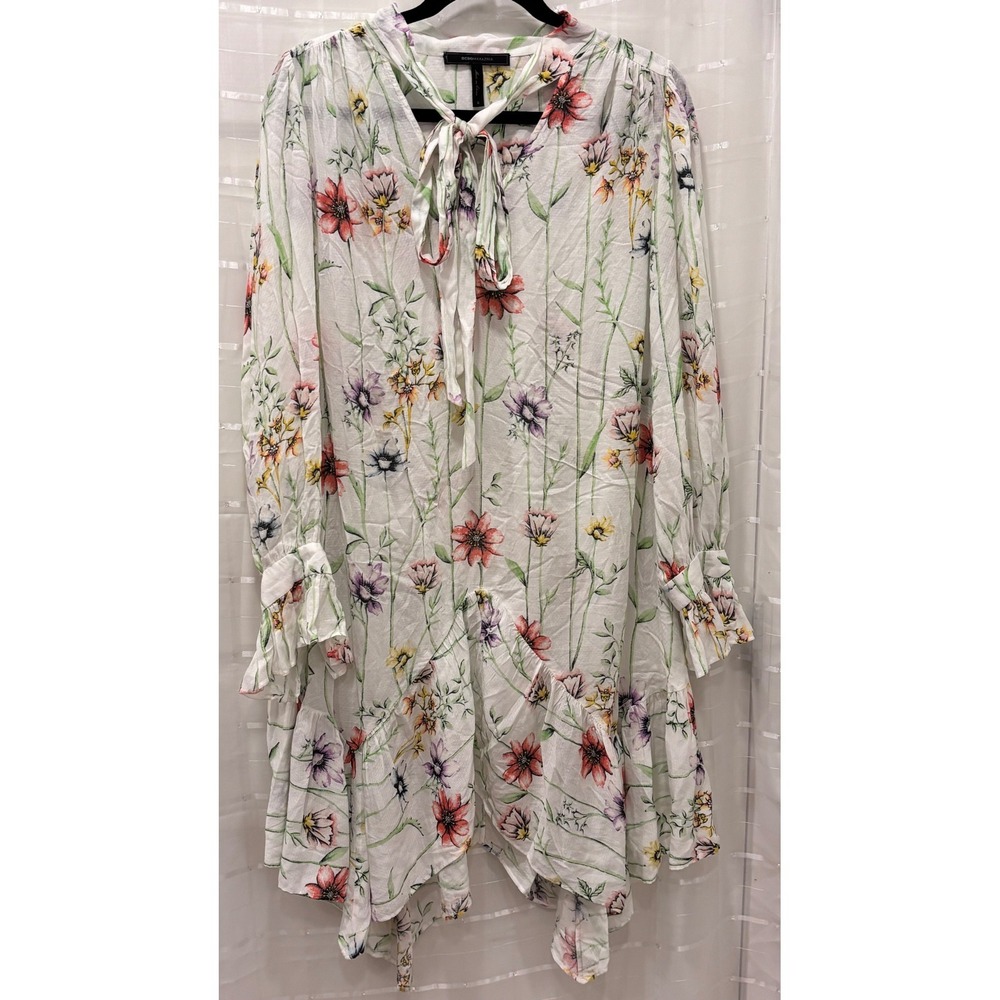 BCBGMAXAZRIA Floral Clip Dot‎ Mini Dress White Tie Neck Ruffle Cuff Small